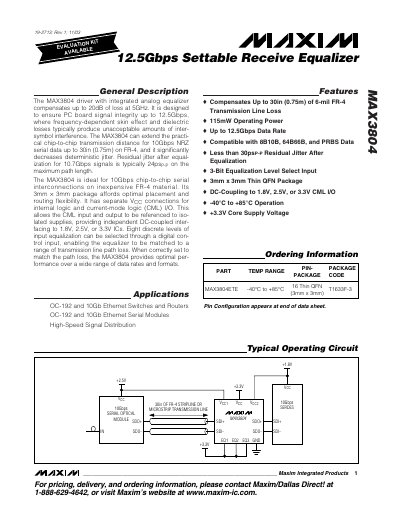 Maxim MAX3804 12.5Gbps Settable Receive Equalizer Datasheet - cover page
