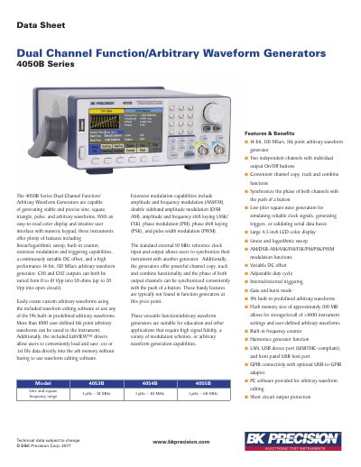B&K Precision 4050B Series Dual Channel Function/Arbitrary Waveform Generators Data Sheet - cover page