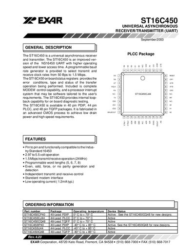 EXAR ST16C450 Datasheet - cover page
