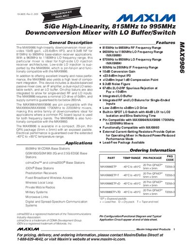 Maxim MAX9986 Downconversion Mixer Datasheet - cover page