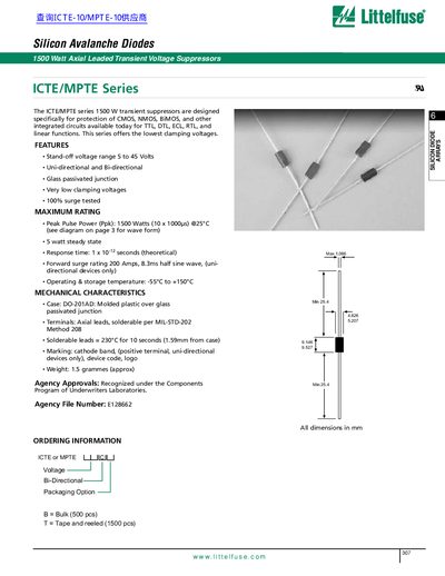 Littelfuse ICTE/MPTE Series 1500W Axial Leaded Transient Voltage Suppressor Datasheet - cover page