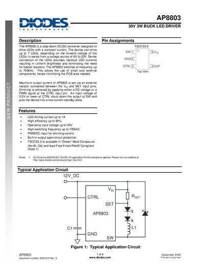 Diodes AP8803 Buck LED Driver Datasheet - cover page