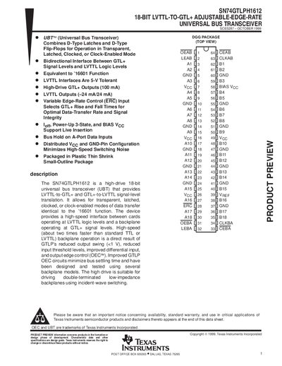 Texas Instruments SN74GTLPH1612 18‑Bit LVTTL‑to‑GTL+ Adjustable‑Edge‑Rate Universal Bus Transceiver Datasheet - cover page