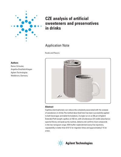 Agilent CZE Analysis of Artificial Sweeteners and Preservatives Application Note - cover page