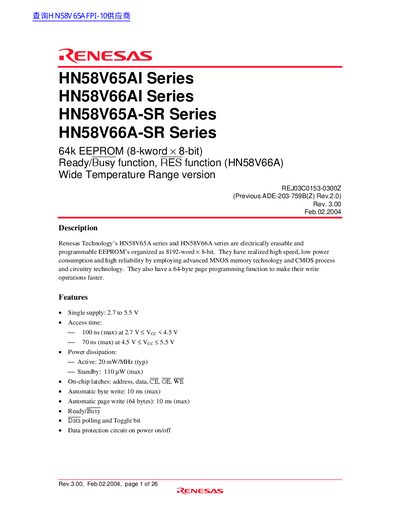 RENESAS HN58V65AI Series HN58V66AI Series HN58V65A-SR Series HN58V66A-SR Series 64k EEPROM (8-kword &times; 8-bit) Ready/Busy function RES function (HN58V66A) Wide Temperature Range version  - cover page