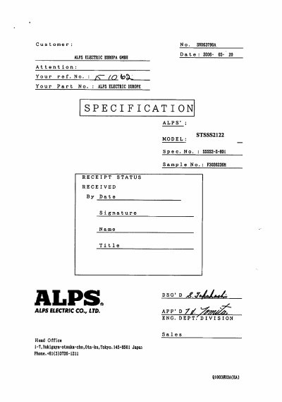 ALPS STSSS2122 Switch Datasheet - cover page