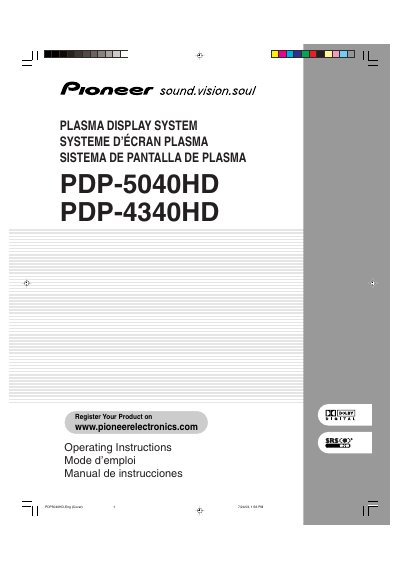 Pioneer PDP-5040HD/PDP-4340HD Plasma Display System Operating Instructions - cover page