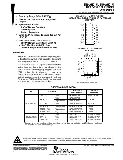 Texas Instruments SN54AHC174 / SN74AHC174 Hex D‑Type Flip‑Flops with Clear Datasheet - cover page