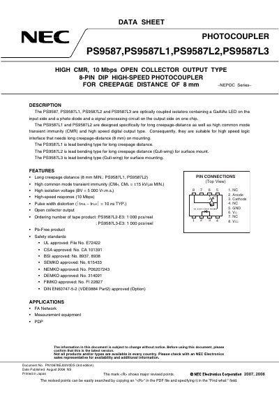 NEC PHOTOCOUPLER PS9587 PS9587L1 PS9587L2 PS9587L3 handbook - cover page