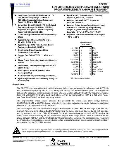 Texas Instruments CDC5801 Low Jitter Clock Multiplier and Divider Datasheet - cover page