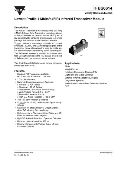 Vishay TFBS6614 Infrared Transceiver Module Data Sheet - cover page