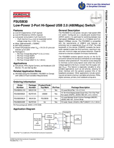 FAIRCHILD FSUSB30 Low-Power 2-Port Hi-Speed USB 2.0 (480Mbps) Switch handbook