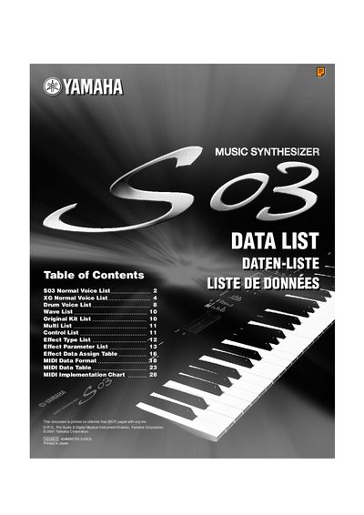Yamaha S03 Data List User Manual - cover page