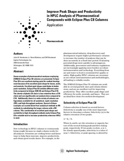 Agilent ZORBAX Eclipse Plus C8 Columns Application Note - cover page