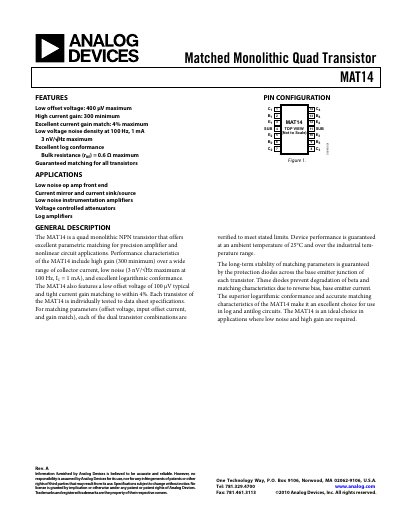 Analog Devices MAT14 Quad Monolithic NPN Transistor Datasheet - cover page