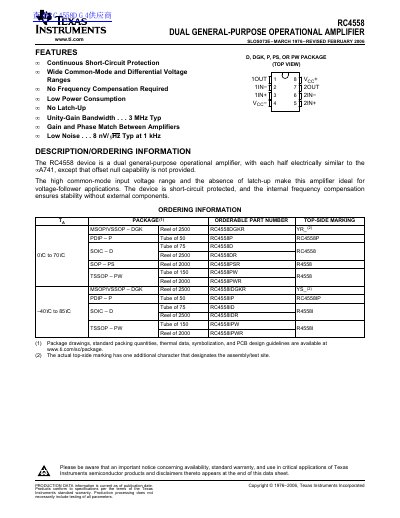 Texas Instruments RC4558 Dual Operational Amplifier Datasheet
