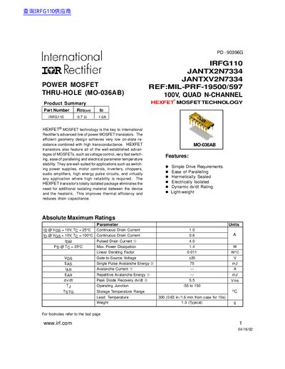 International Rectifier IRFG110/JANTX2N7334/JANTXV2N7334 handbook - cover page