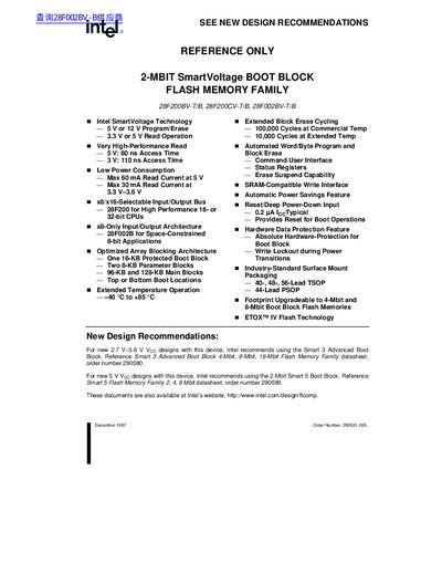 Intel 28F200BV/28F200CV/28F002BV 2-Mbit SmartVoltage Boot Block Flash Memory Datasheet - cover page
