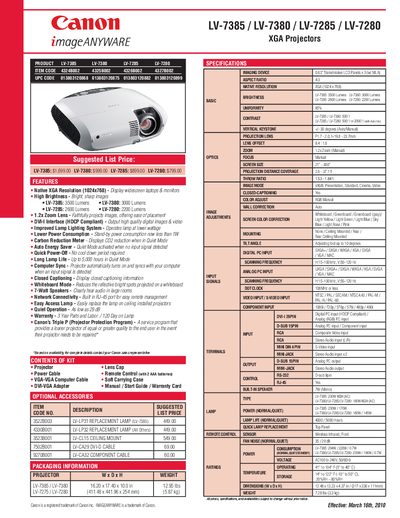 Canon LV-7385 / LV-7380 / LV-7285 / LV-7280 Projector Product Leaflet - cover page