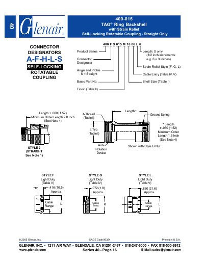 Glenair 400-015 TAG Ring Backshell Straight Only Product Leaflet - cover page