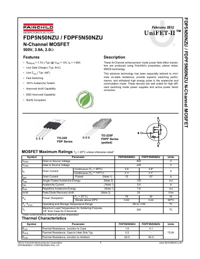 Fairchild FDP5N50NZU/FDPF5N50NZU N-Channel MOSFET Datasheet - cover page