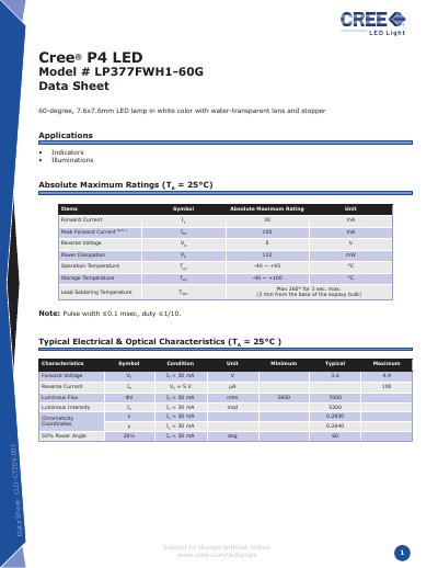 Cree LP377FWH1-60G P4 LED Data Sheet - cover page