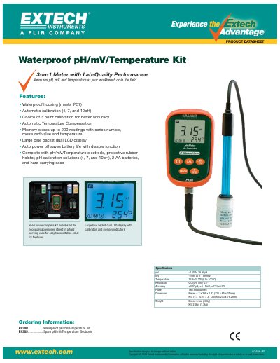 EXTECH PH300..................Waterproof pH/mV/Temperature Kit PH305..................Spare pH/mV/Temperature Electrode User Manual - cover page