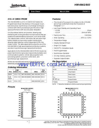 Intersil HM-6642/883 CMOS PROM Datasheet - cover page