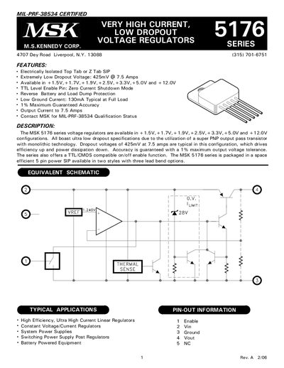 MSK 5176 Series Voltage Regulator Datasheet - cover page