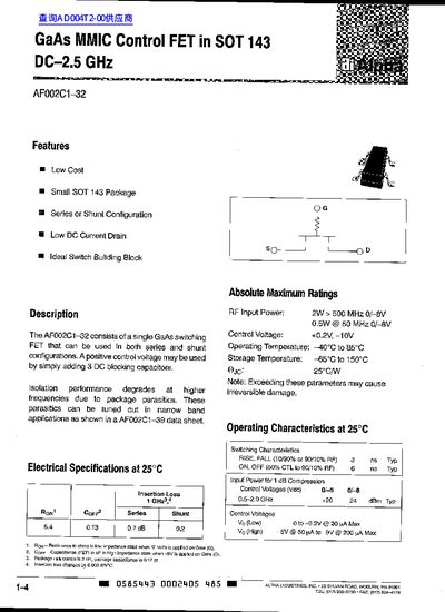 aiAlpha AF002C1-32 GaAs MMIC ControlFET in SOT 143 DC-2.5 GHz - cover page