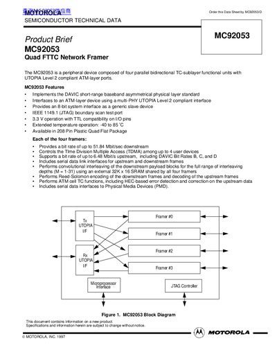 Motorola MC92053 Quad FTTC Network Framer Datasheet - cover page