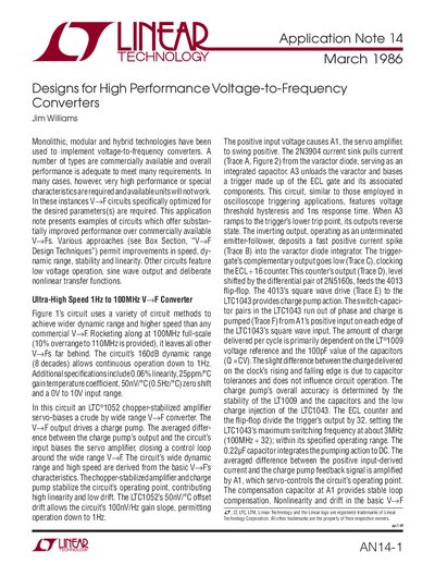 Linear Technology AN14-1an14f Designs for High Performance Voltage-to-Frequency Converters Application Note - cover page