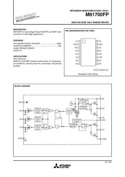 Mitsubishi M81700FP High Voltage Half Bridge Driver User Manual - cover page