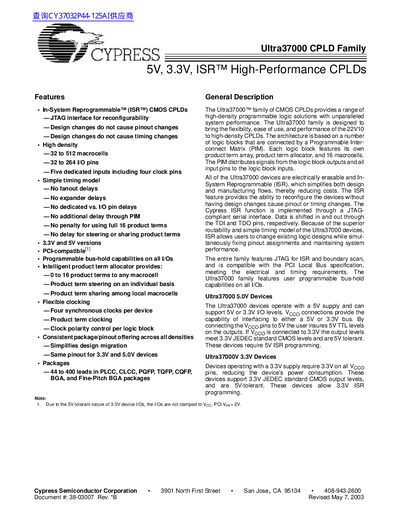 Cypress Ultra37000 CPLD Family Selection Guide - cover page