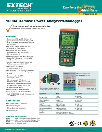 Extech 1000A 3-Phase Power Analyzer/Datalogger Product Leaflet - cover page
