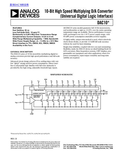Analog Devices DAC10 Series 10-Bit High Speed Multiplying D/A Converter Datasheet - cover page