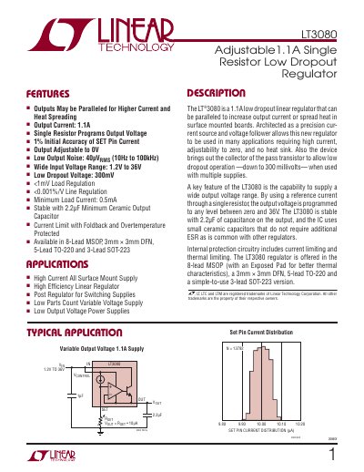 Linear Technology LT3080 Adjustable 1.1A Single Resistor Low Dropout Regulator Datasheet - cover page