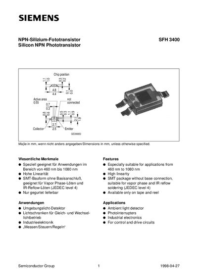 Siemens SFH3400 Phototransistor Datasheet - cover page