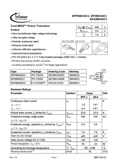 INFINEON SPP08N50C3/SPI08N50C3/SPA08N50C3 Manual - cover page