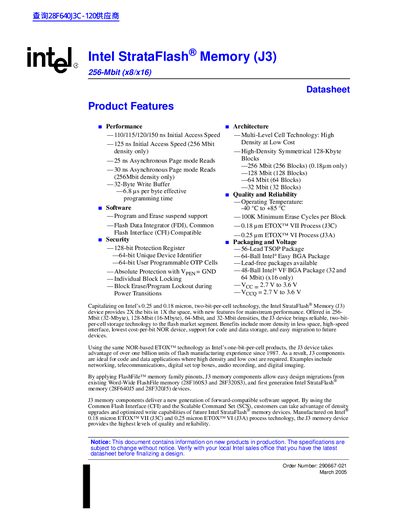 Intel StrataFlash J3 Datasheet - cover page
