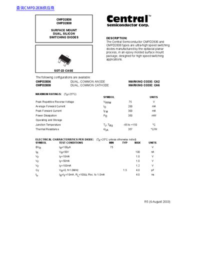 Central Semiconductor CMPD2836/CMPD2838 Datasheet - cover page