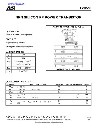 Advanced Semiconductor AVD550 RF Power Transistor Datasheet - cover page