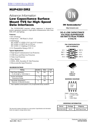ON Semiconductor NUP4201DR2 Advance Information Datasheet - cover page