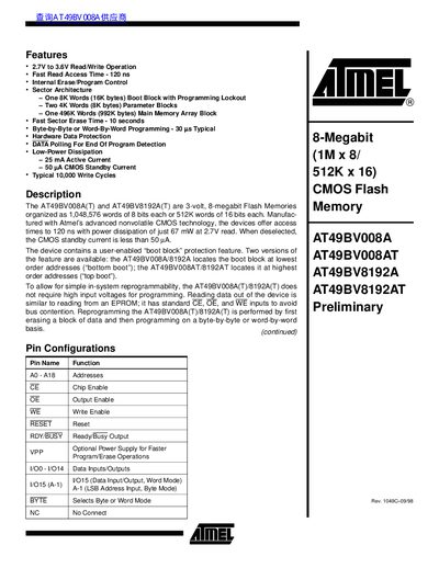 ATMEL AT49BV008A/AT49BV008AT/AT49BV8192A/AT49BV8192AT handbook