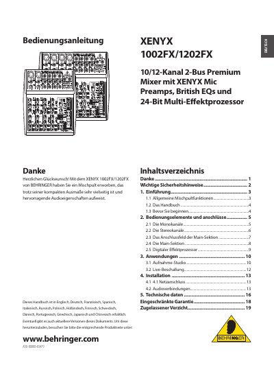 BEHRINGER XENYX 1002FX/1202FX Mixer User Manual