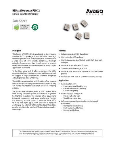 Avago HSMx-A10x-xxxxx PLCC-2 Surface Mount LED Indicator Handbook - cover page