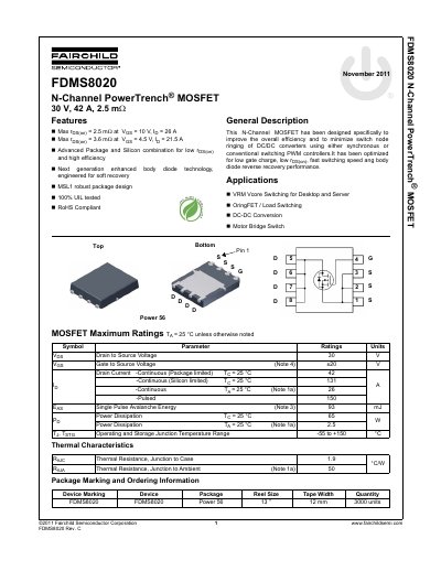 Fairchild FDMS8020 N-Channel MOSFET Datasheet - cover page