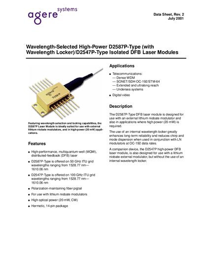 Agere D2587P-Type and D2547P-Type DFB Laser Modules Data Sheet - cover page