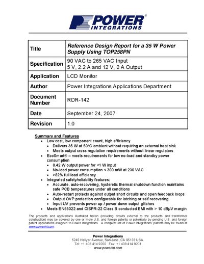 Power Integrations TOP258PN Reference Design Report RDR-142 - cover page