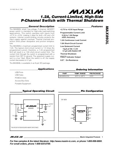 Maxim MAX893L Current-Limited High-Side P-Channel Switch Datasheet - cover page